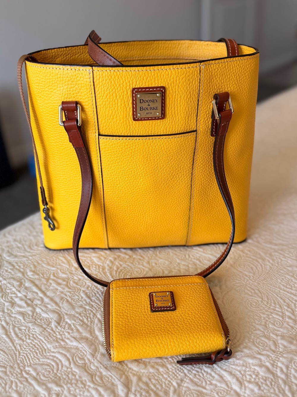 Dooney & Bourke Yellow Pebbled Leather Tote with Brown Trim and Matching Wallet